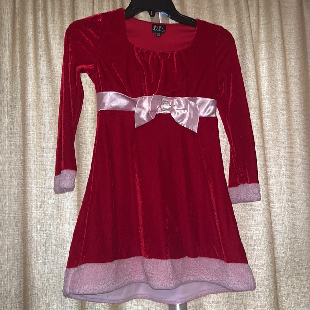 Red Velvet with Pink Faux Fur trim and Pink Satin Ribbon/Bow. Lilt Girls 10/12